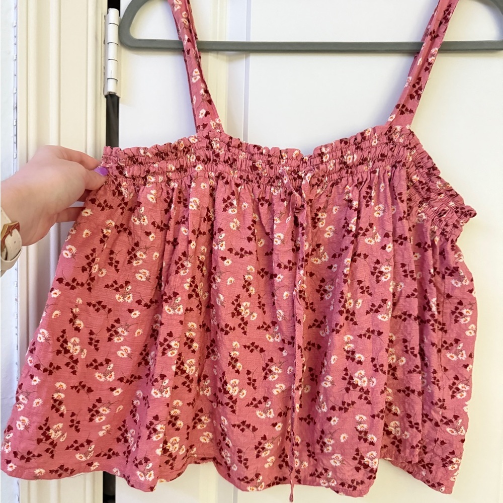 EASEL Floral Smocked Tank Cami Top Blush Pink Tie Boho Flower Square Neck Sz L - Picture 3 of 6